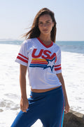 Retro USA STAR VNECK JERSEY BOYFRIEND TEE - WHITE RED