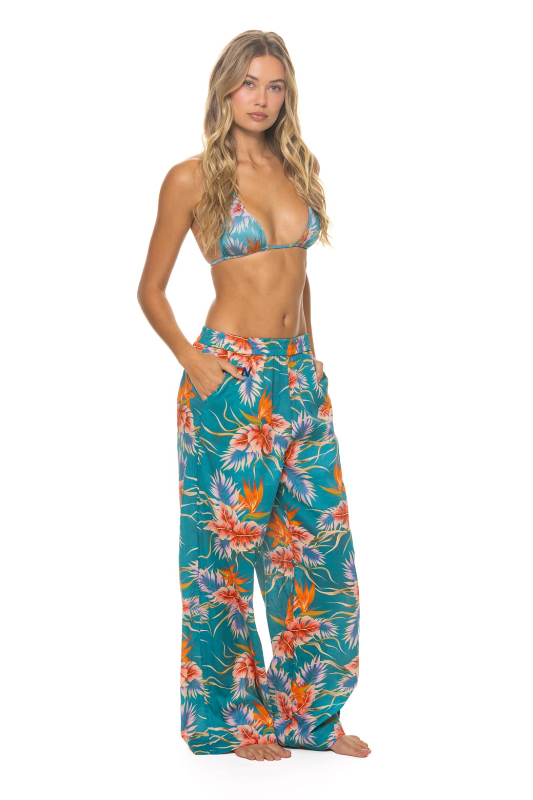 Retro WOMENS COTTON LUXE POPLIN WIDE LEG PANT - BLUE HAWAII