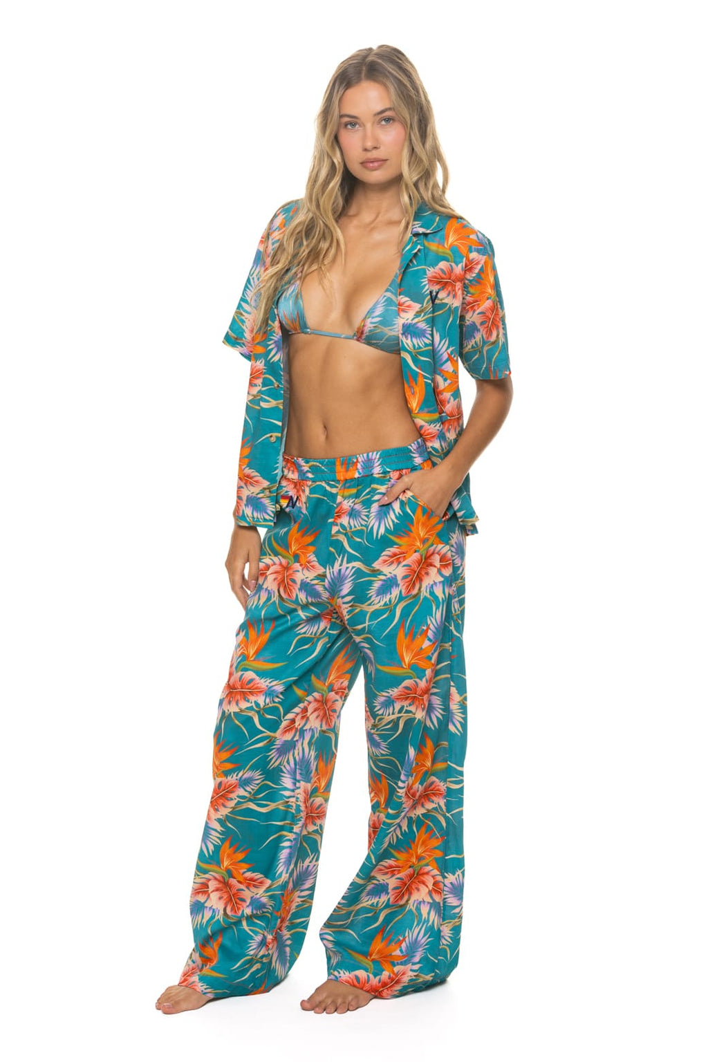 Retro WOMENS COTTON LUXE POPLIN WIDE LEG PANT - BLUE HAWAII