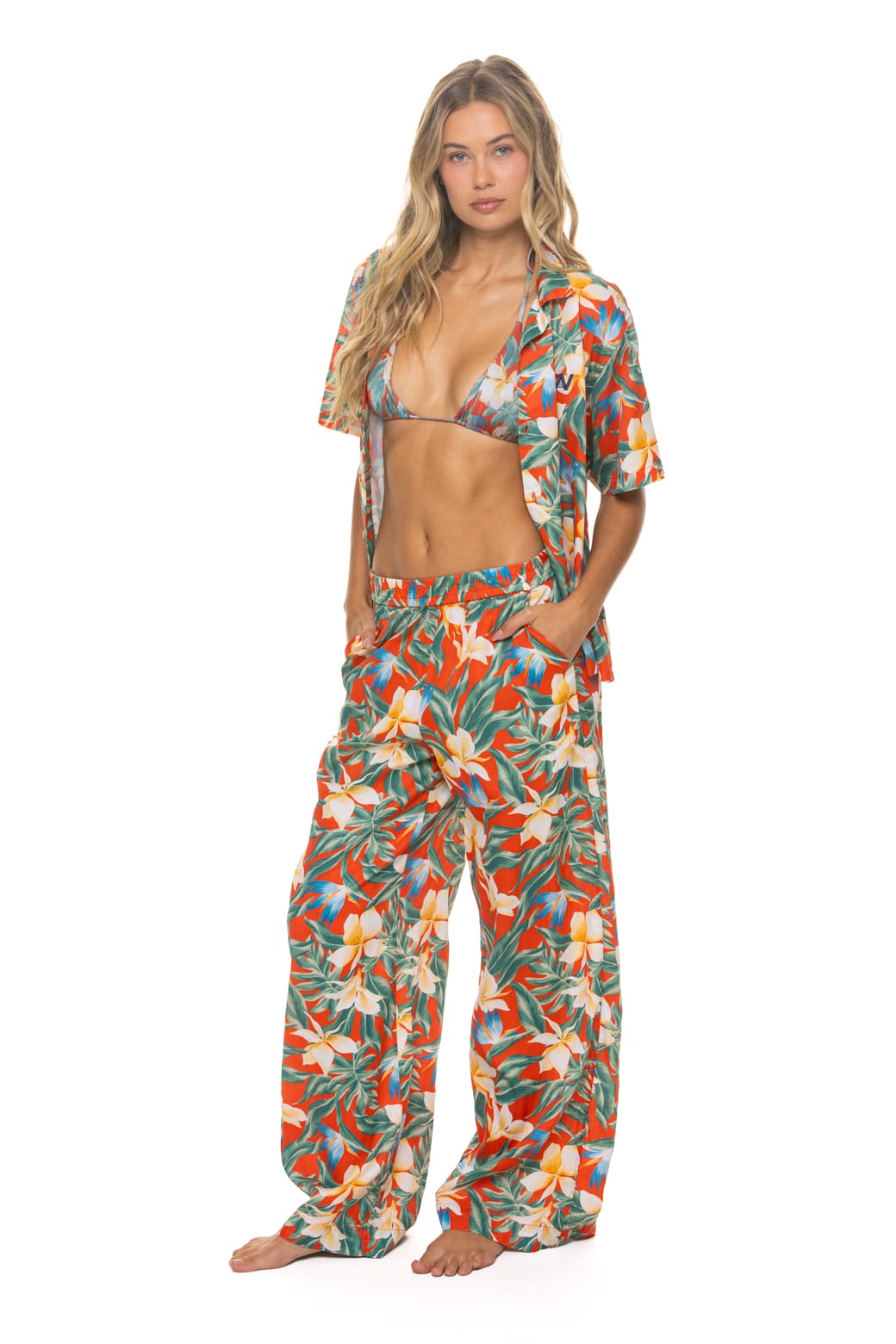 Retro WOMENS COTTON LUXE POPLIN WIDE LEG PANT - RED KAUAI