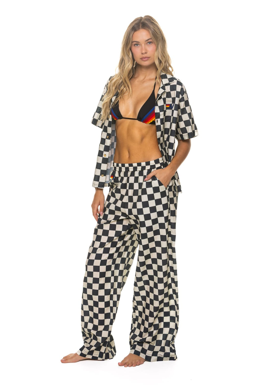 Retro WOMENS COTTON LUXE POPLIN WIDE LEG PANT - VINTAGE BLACK CHECKERED