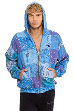 Retro BANDANA QUILTED RELAXED ZIP HOODIE - BLUE