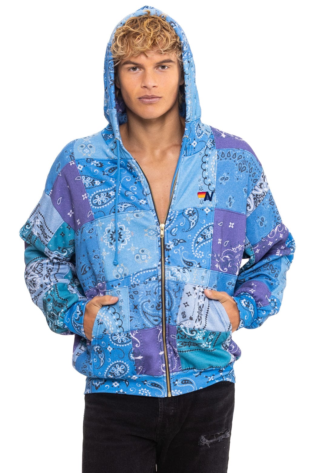 Retro BANDANA QUILTED RELAXED ZIP HOODIE - BLUE