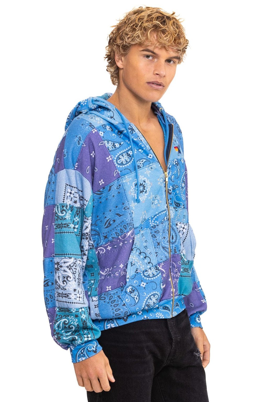 Retro BANDANA QUILTED RELAXED ZIP HOODIE - BLUE