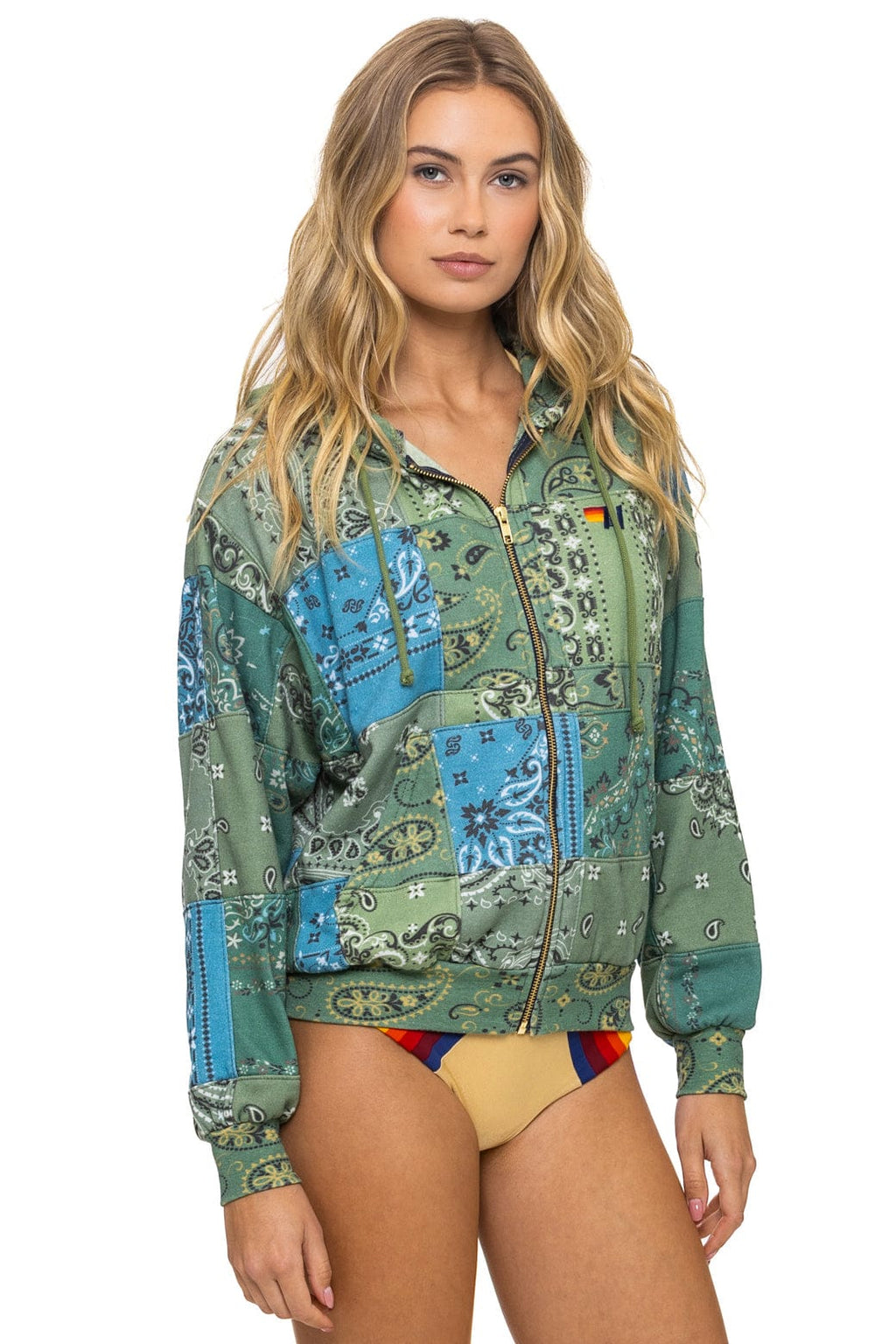 Retro BANDANA QUILTED RELAXED ZIP HOODIE - GREEN