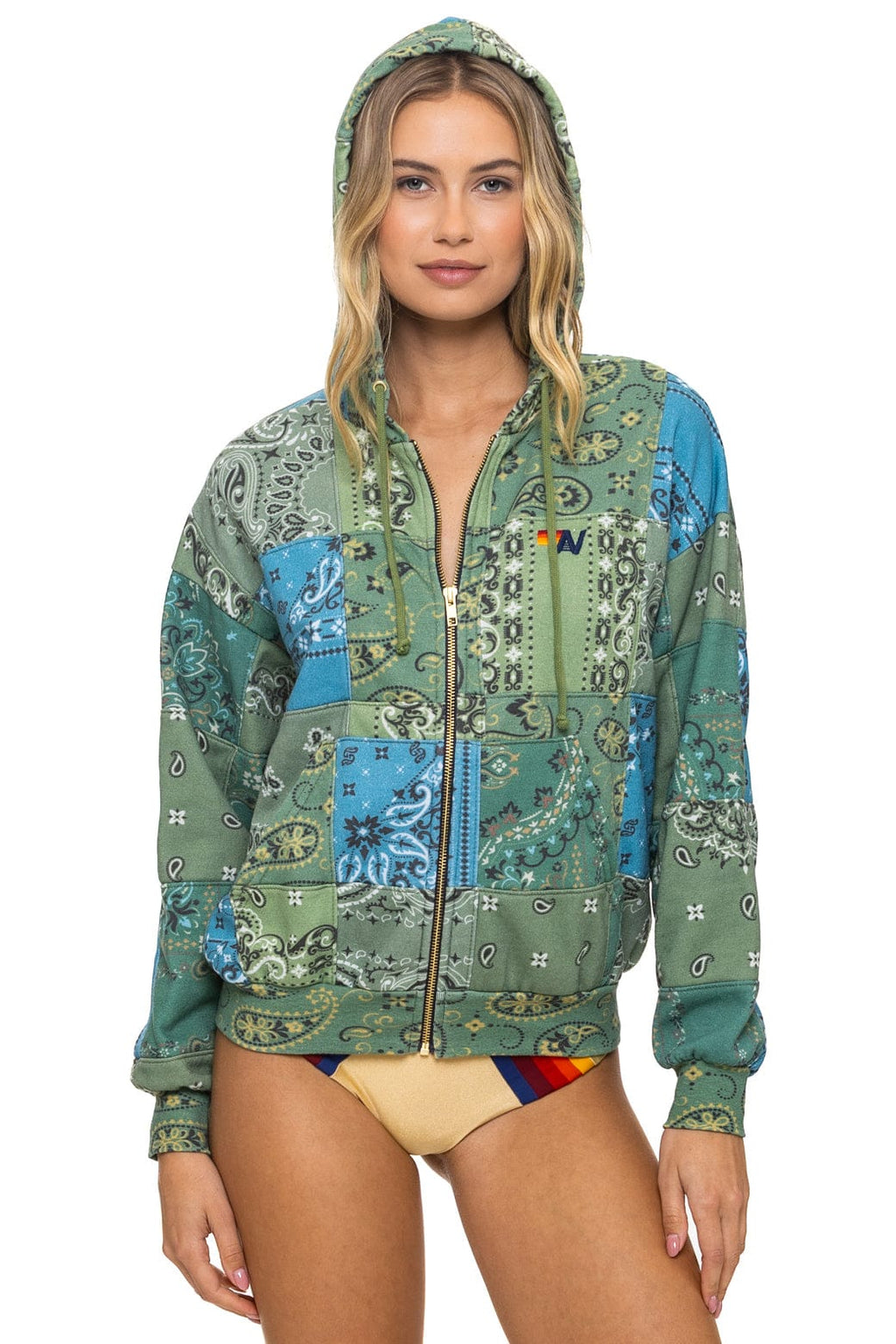 Retro BANDANA QUILTED RELAXED ZIP HOODIE - GREEN