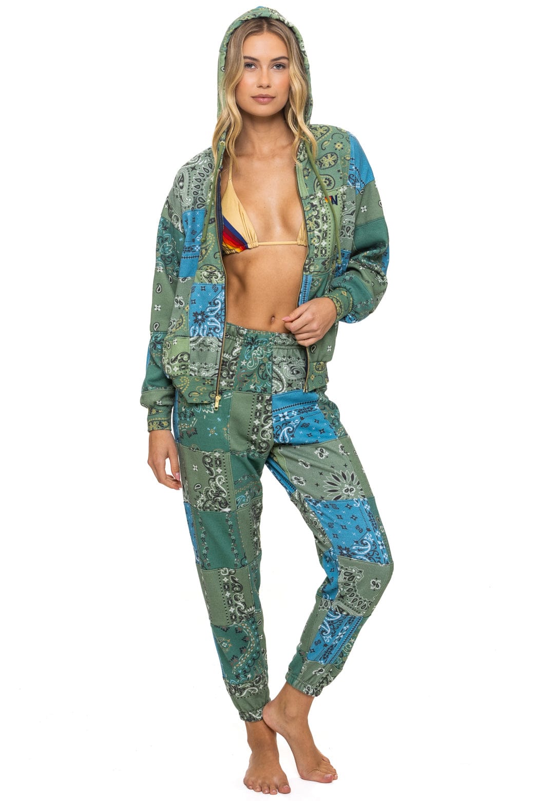 Retro BANDANA QUILTED RELAXED ZIP HOODIE - GREEN