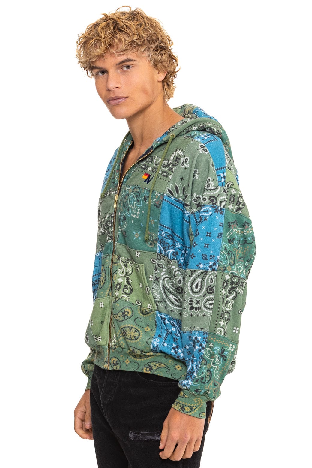 Retro BANDANA QUILTED RELAXED ZIP HOODIE - GREEN