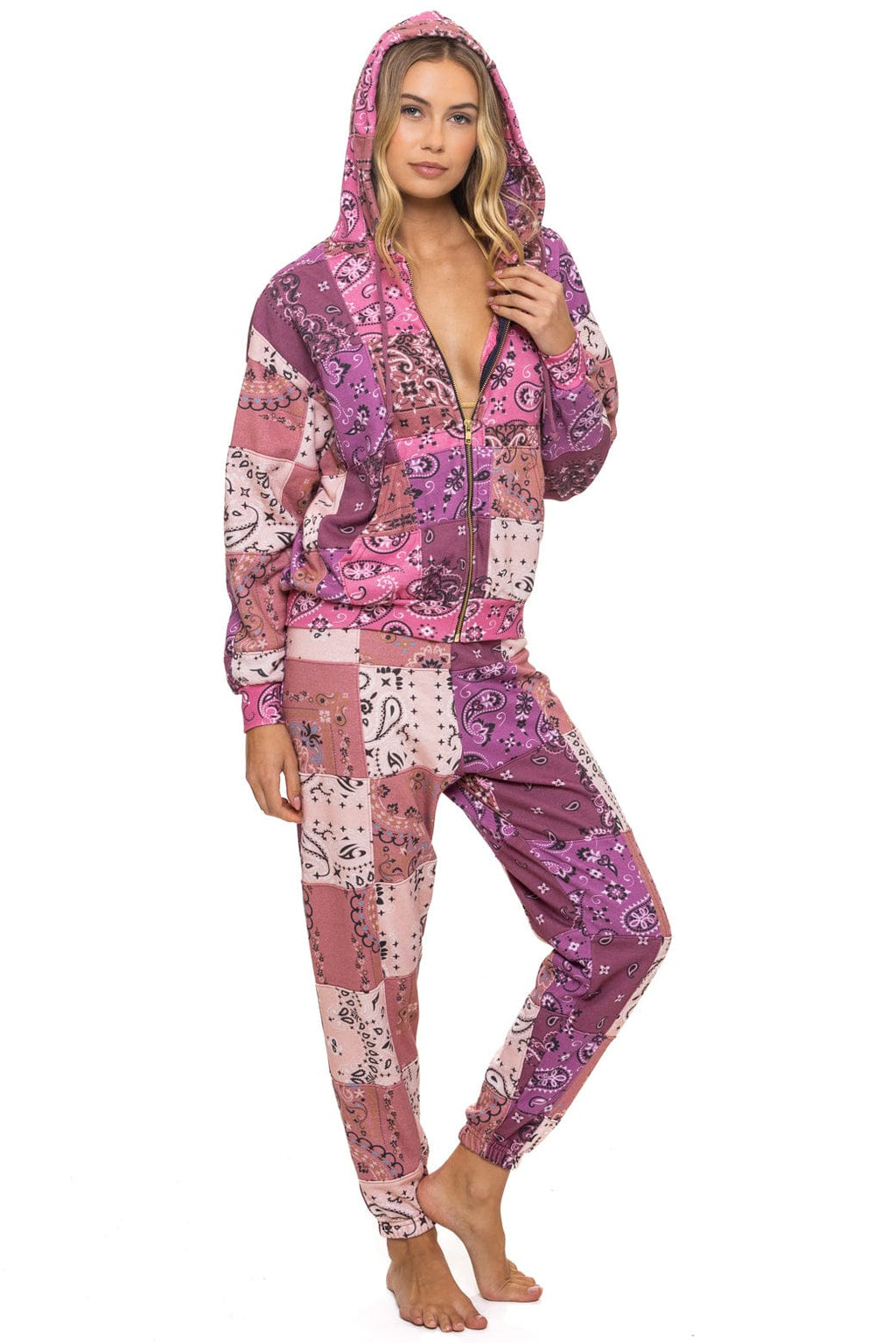 Retro BANDANA QUILTED RELAXED ZIP HOODIE - PINK