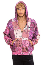 Retro BANDANA QUILTED RELAXED ZIP HOODIE - PINK