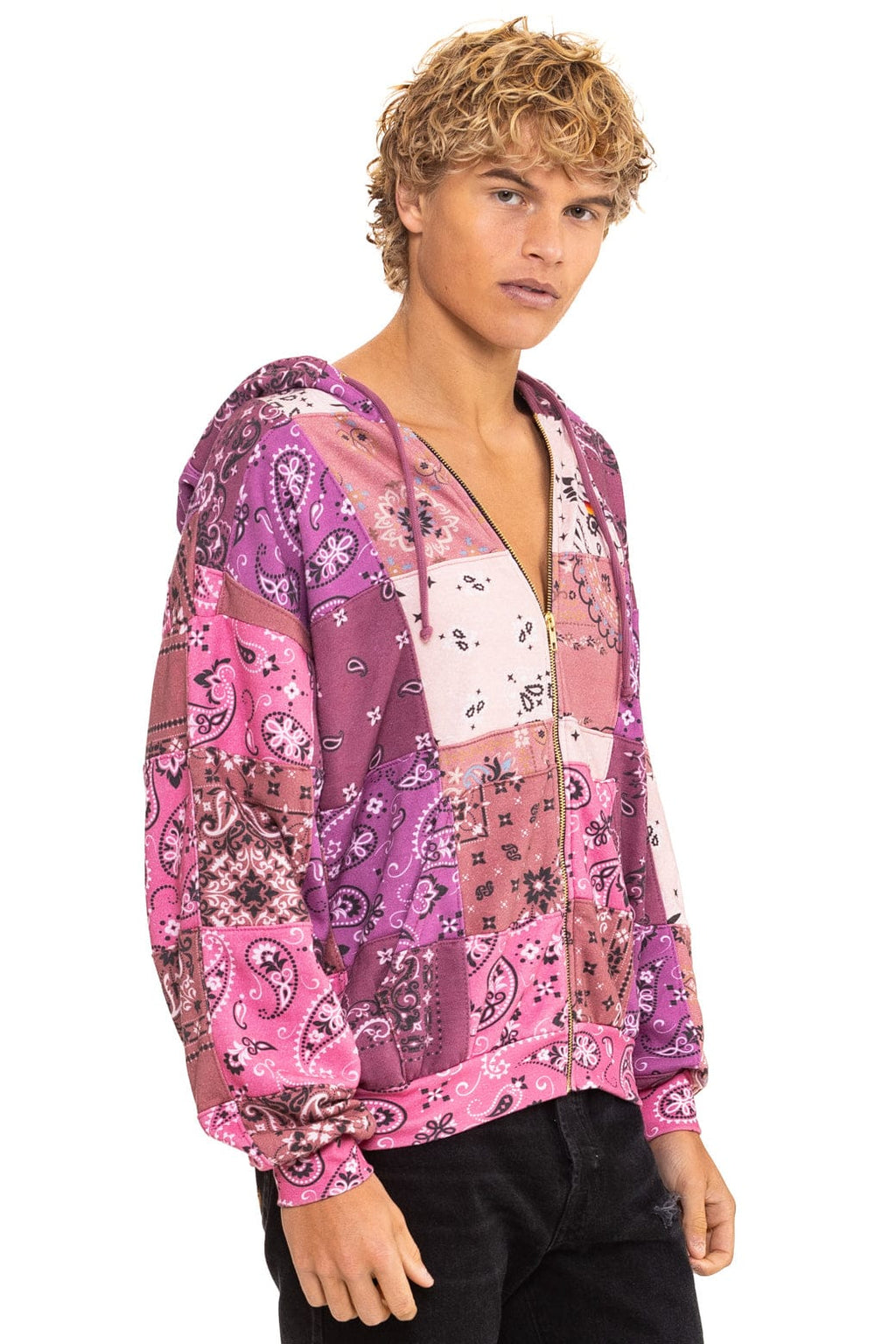 Retro BANDANA QUILTED RELAXED ZIP HOODIE - PINK