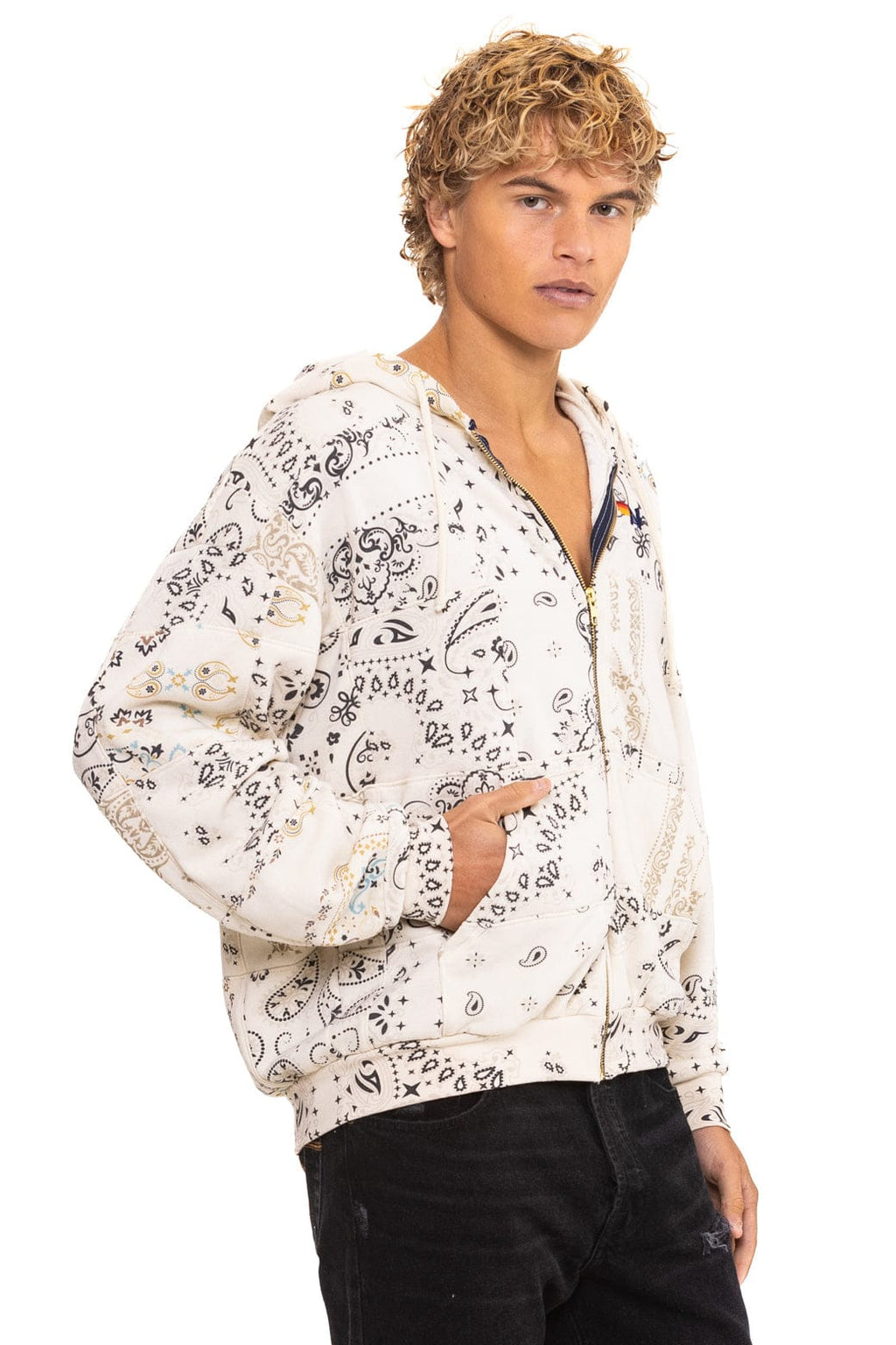 Retro BANDANA QUILTED RELAXED ZIP HOODIE - VINTAGE WHITE