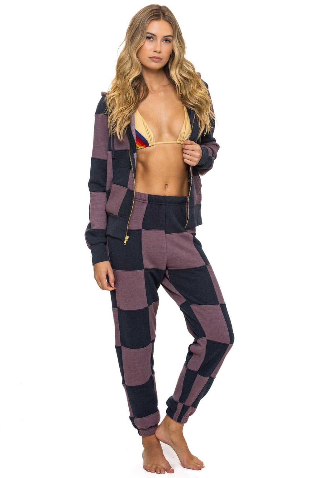 Retro CHECK QUILT ZIP HOODIE - CHARCOAL MOCHA