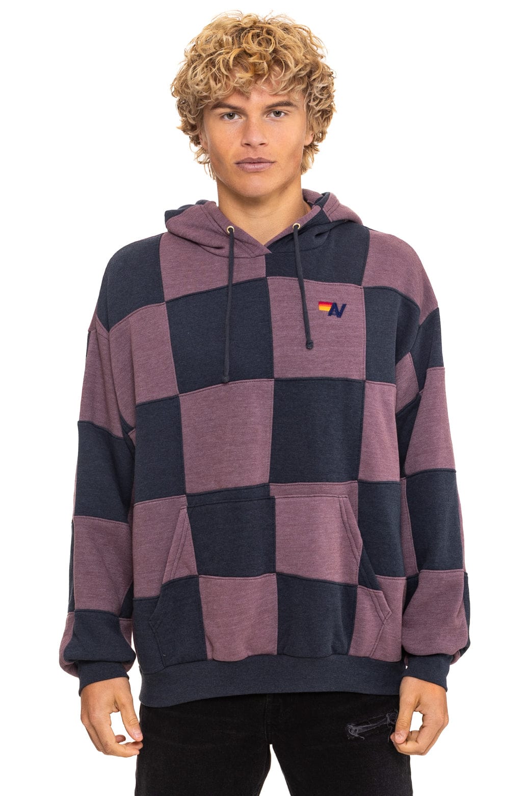 Retro CHECK QUILT RELAXED PULLOVER HOODIE - CHARCOAL MOCHA