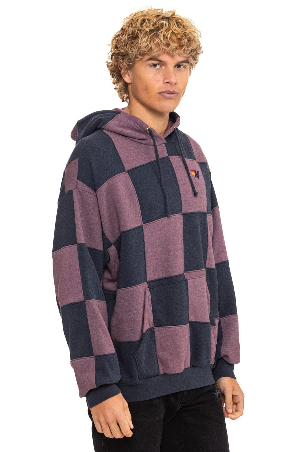 Retro CHECK QUILT RELAXED PULLOVER HOODIE - CHARCOAL MOCHA