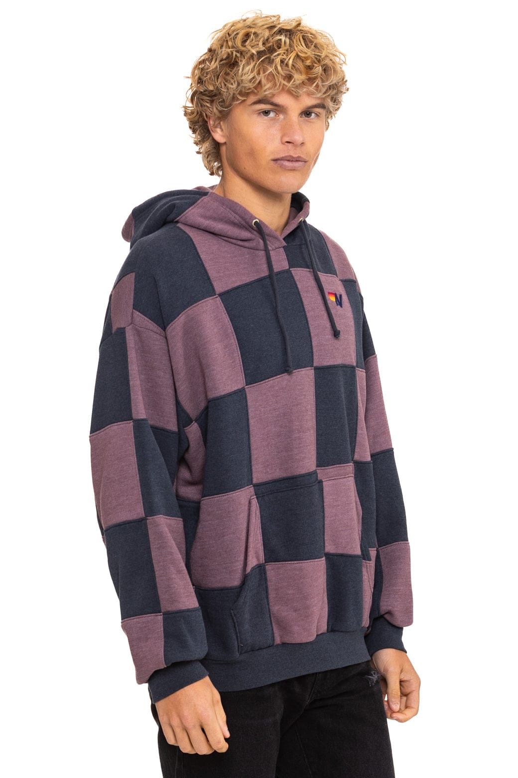 Retro CHECK QUILT RELAXED PULLOVER HOODIE - CHARCOAL MOCHA