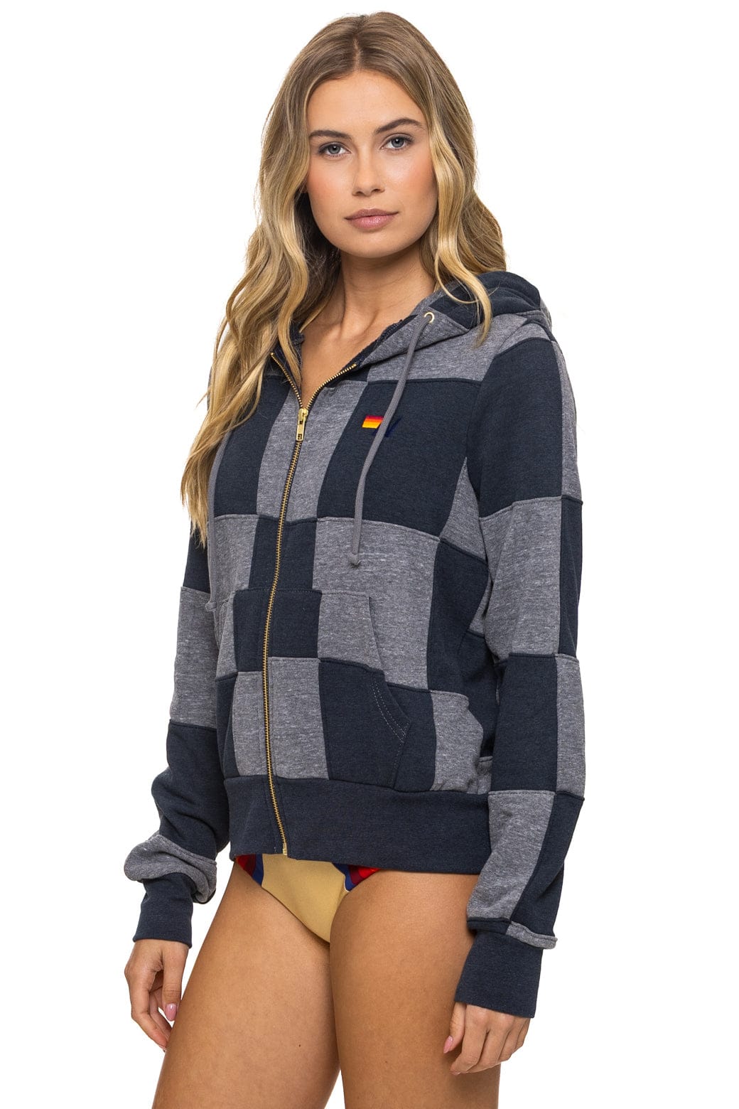 Retro CHECK QUILT ZIP HOODIE - HEATHER CHARCOAL