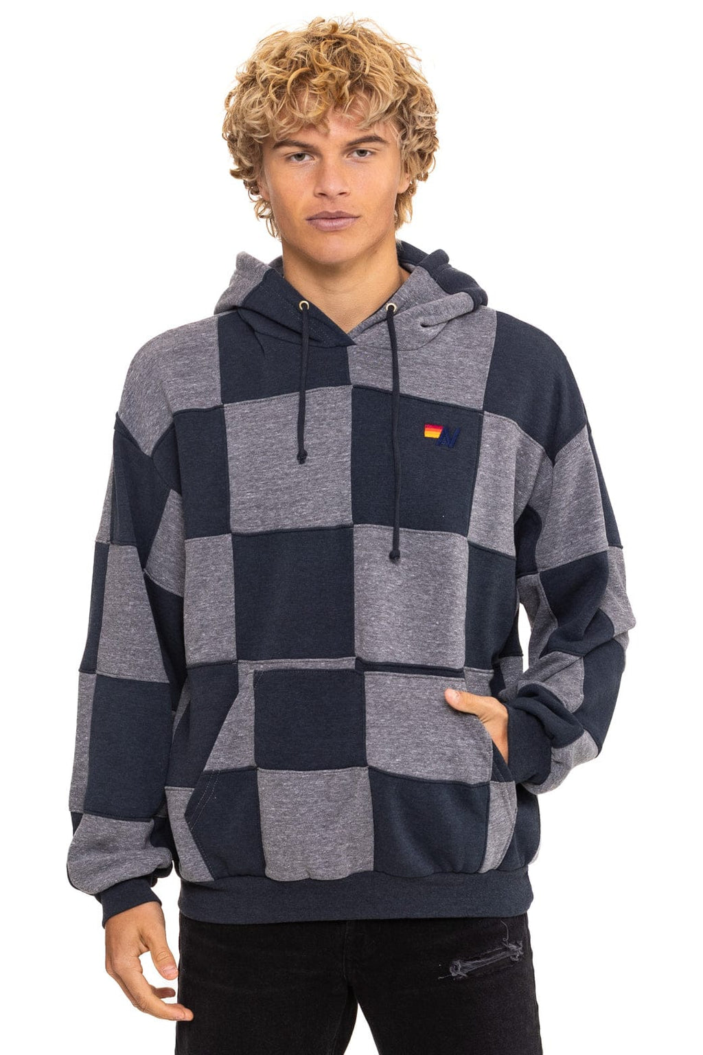Retro CHECK QUILT RELAXED PULLOVER HOODIE - HEATHER CHARCOAL