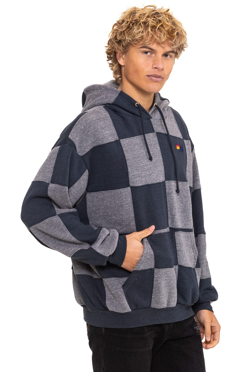 Retro CHECK QUILT RELAXED PULLOVER HOODIE - HEATHER CHARCOAL