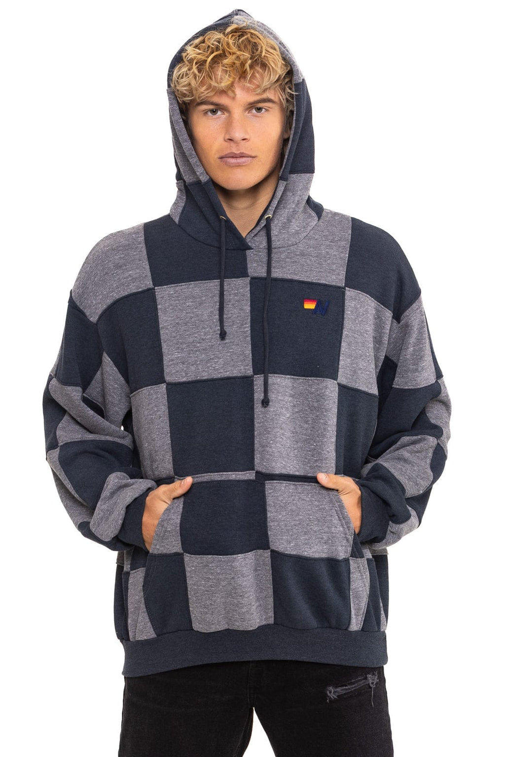 Retro CHECK QUILT RELAXED PULLOVER HOODIE - HEATHER CHARCOAL