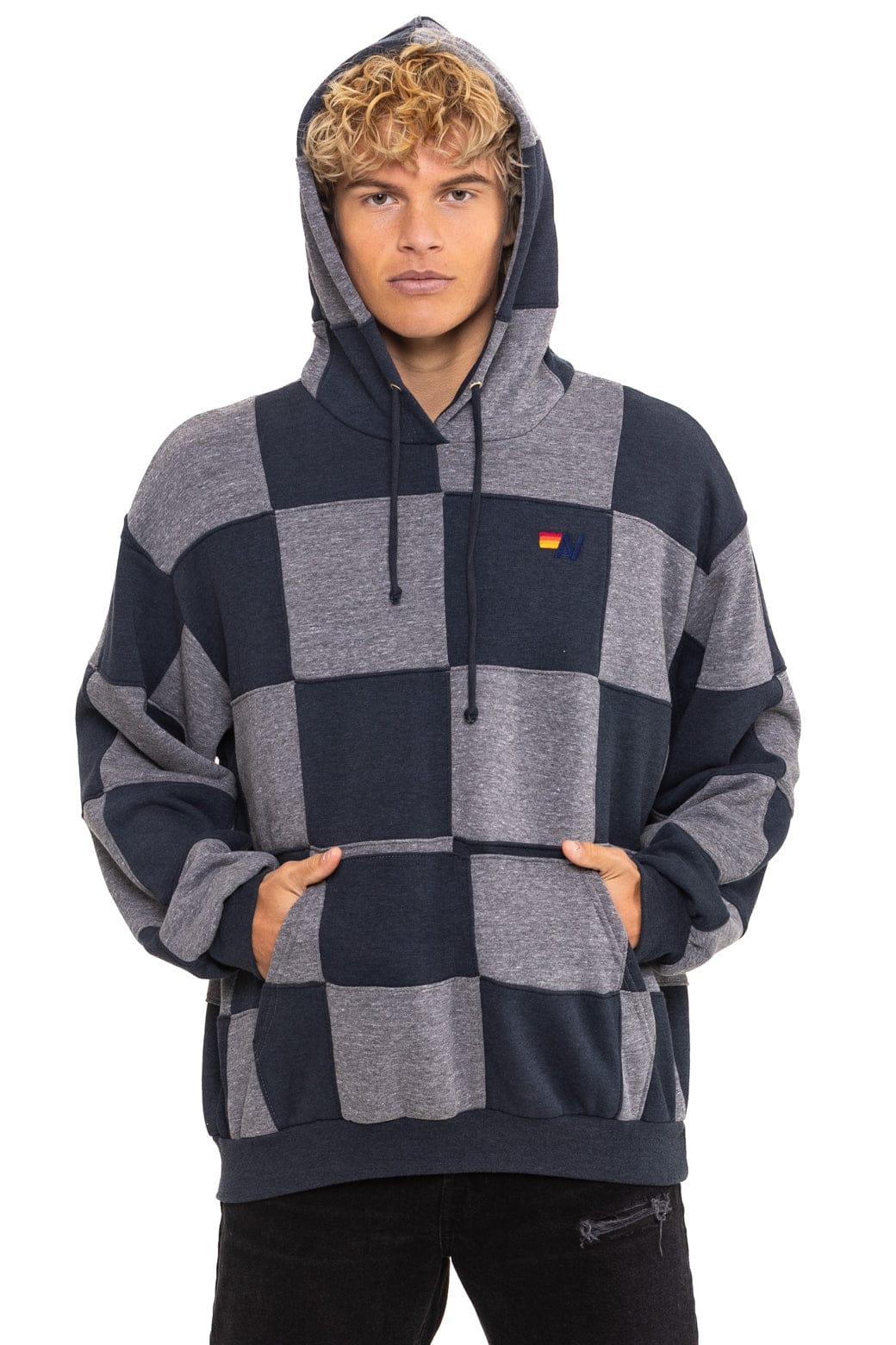 Retro CHECK QUILT RELAXED PULLOVER HOODIE - HEATHER CHARCOAL