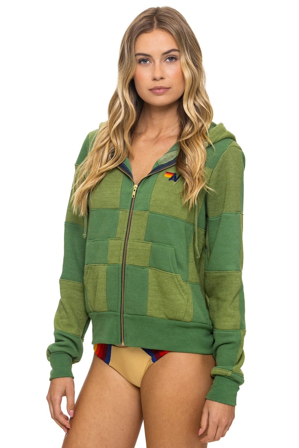 Retro CHECK QUILT ZIP HOODIE - JUNGLE GREEN PALM
