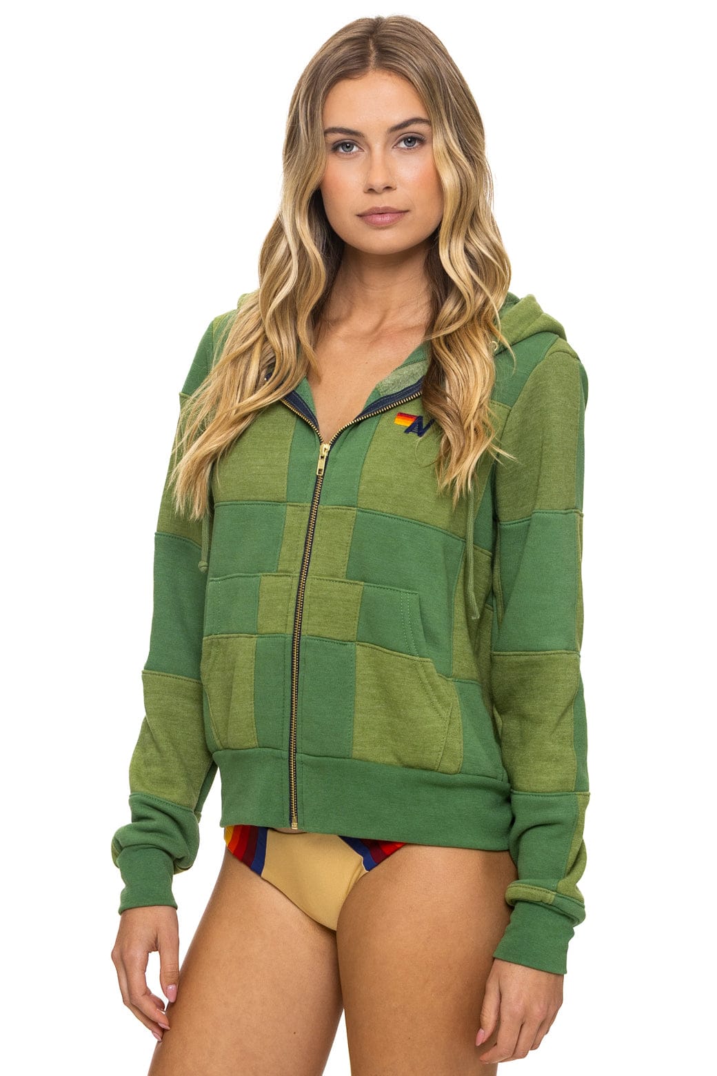 Retro CHECK QUILT ZIP HOODIE - JUNGLE GREEN PALM