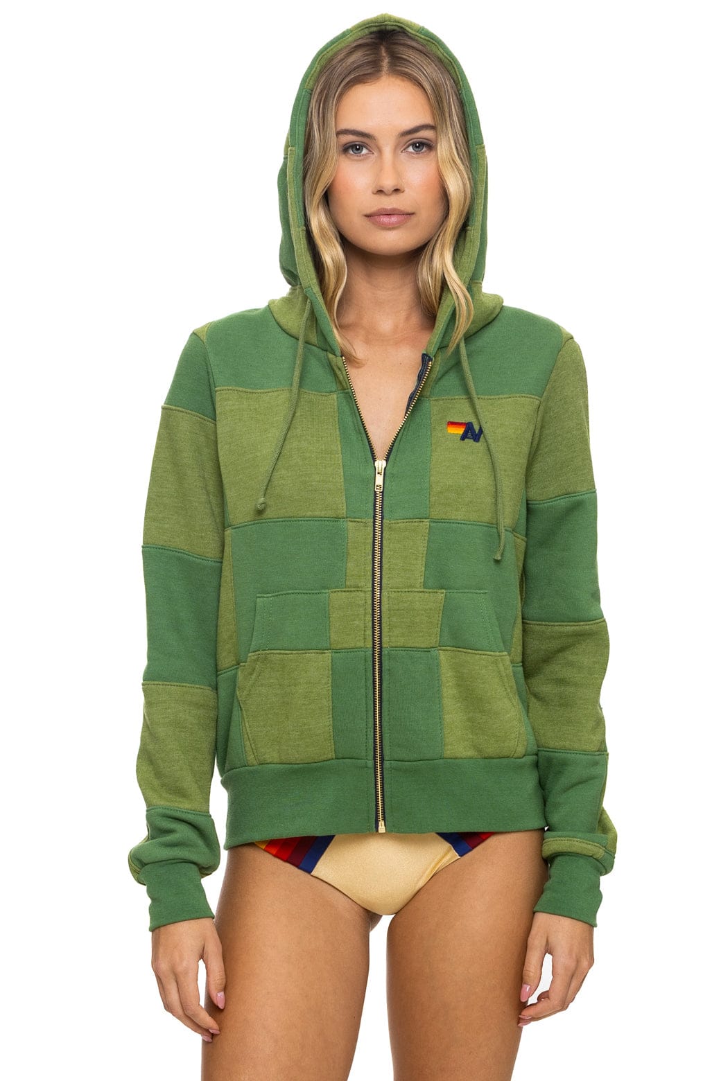 Retro CHECK QUILT ZIP HOODIE - JUNGLE GREEN PALM