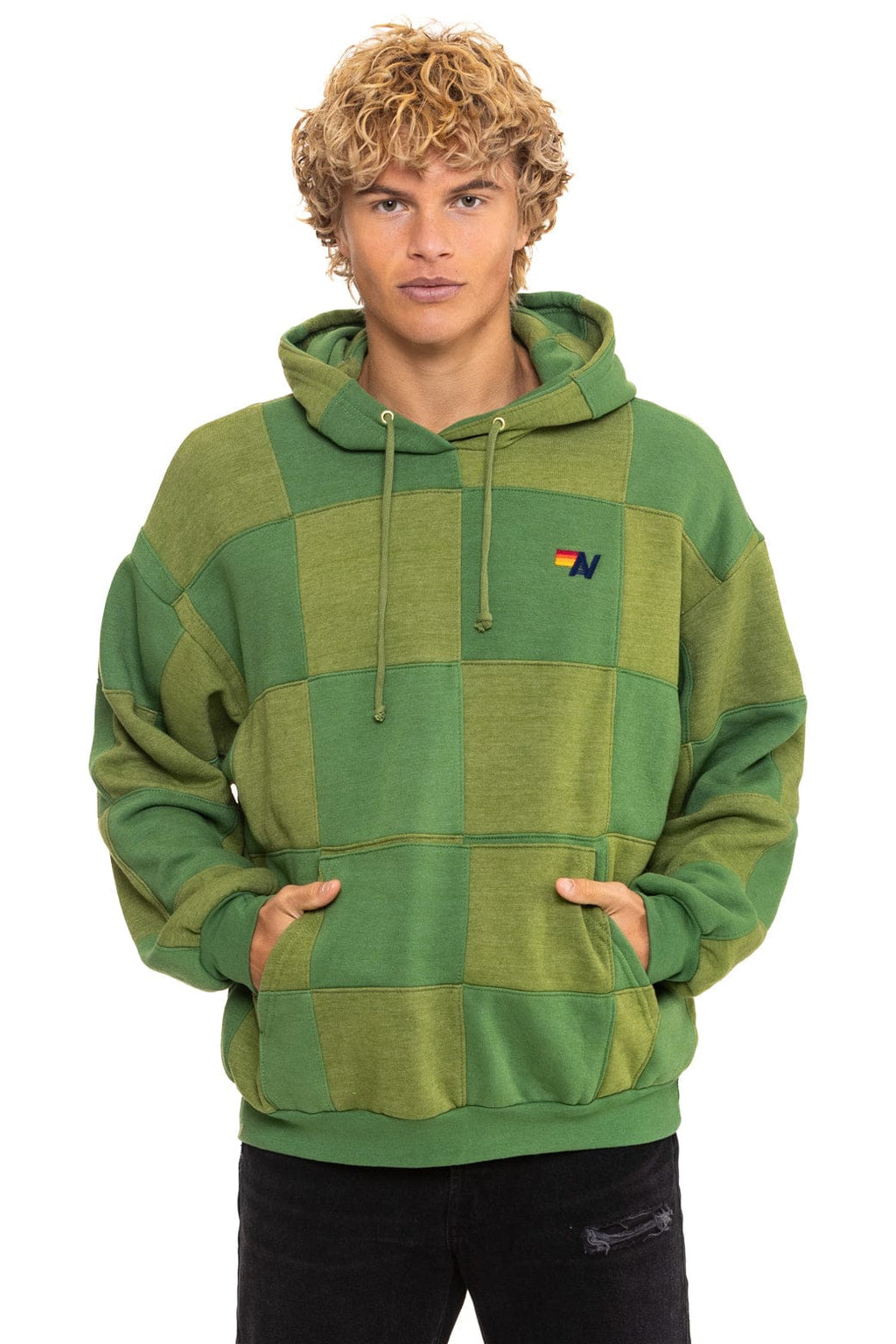 Retro CHECK QUILT RELAXED PULLOVER HOODIE - JUNGLE GREEN PALM