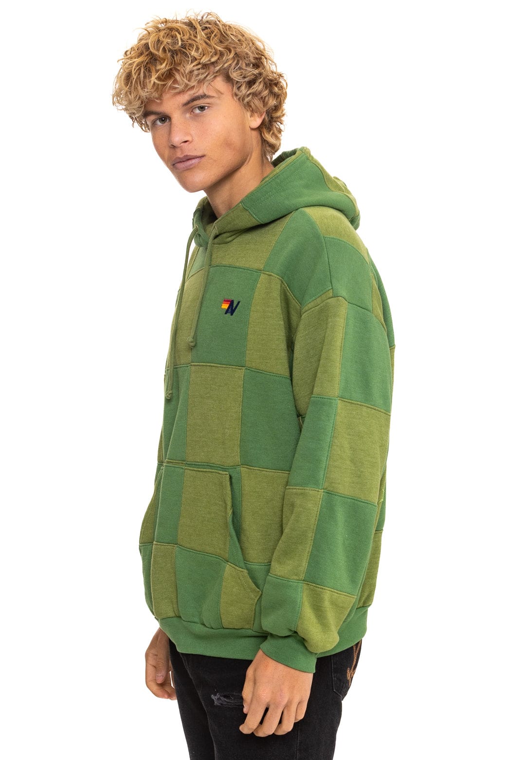 Retro CHECK QUILT RELAXED PULLOVER HOODIE - JUNGLE GREEN PALM