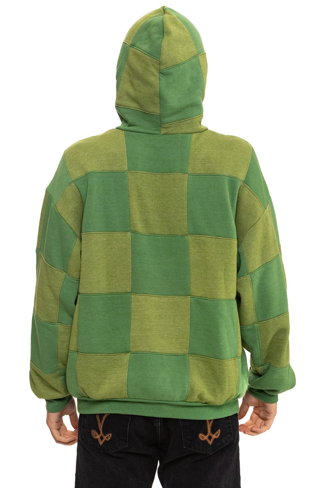 Retro CHECK QUILT RELAXED PULLOVER HOODIE - JUNGLE GREEN PALM