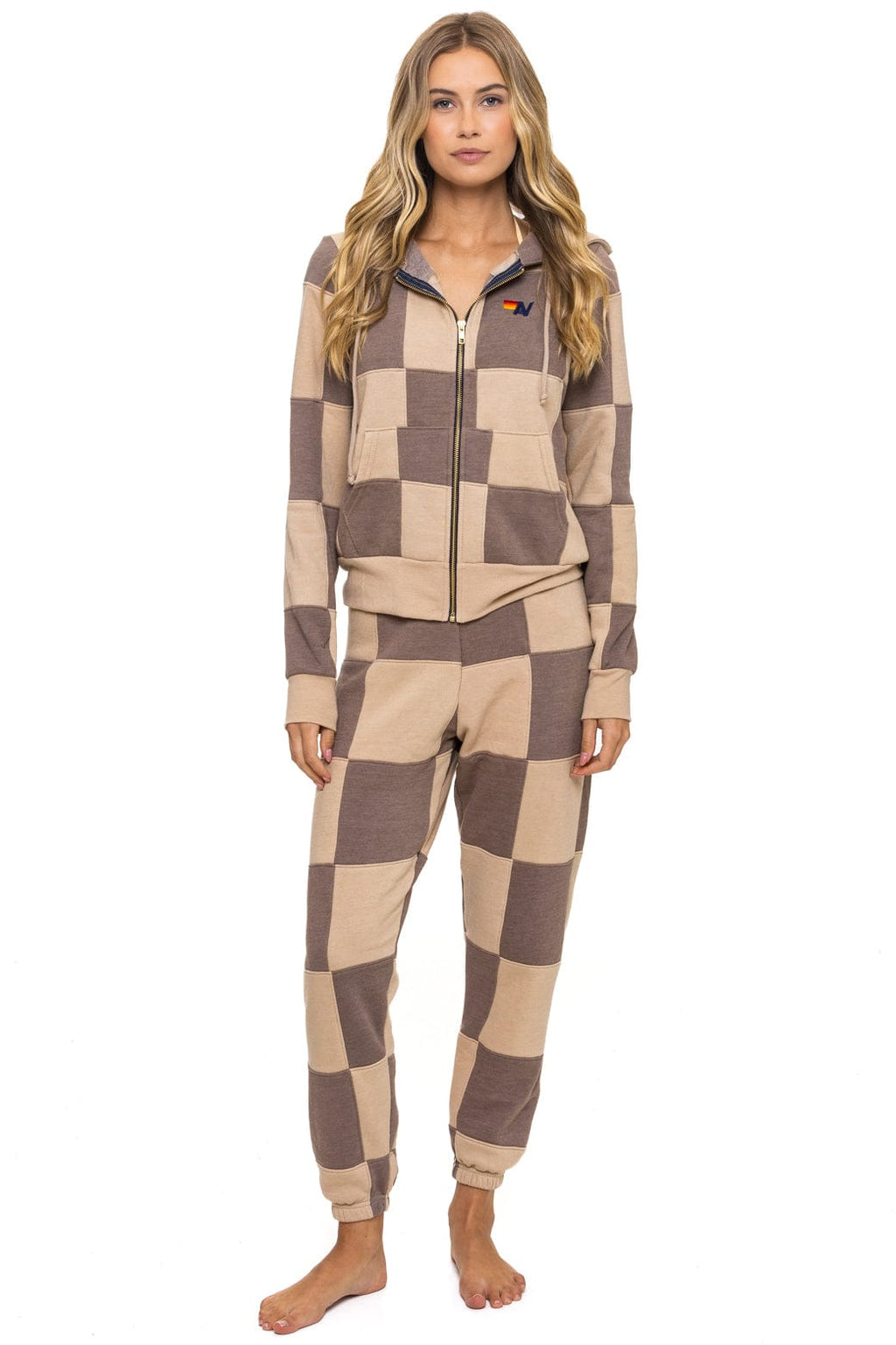 Retro CHECK QUILT ZIP HOODIE - SAND TAUPE