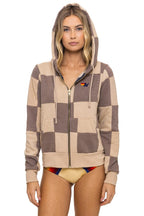 Retro CHECK QUILT ZIP HOODIE - SAND TAUPE