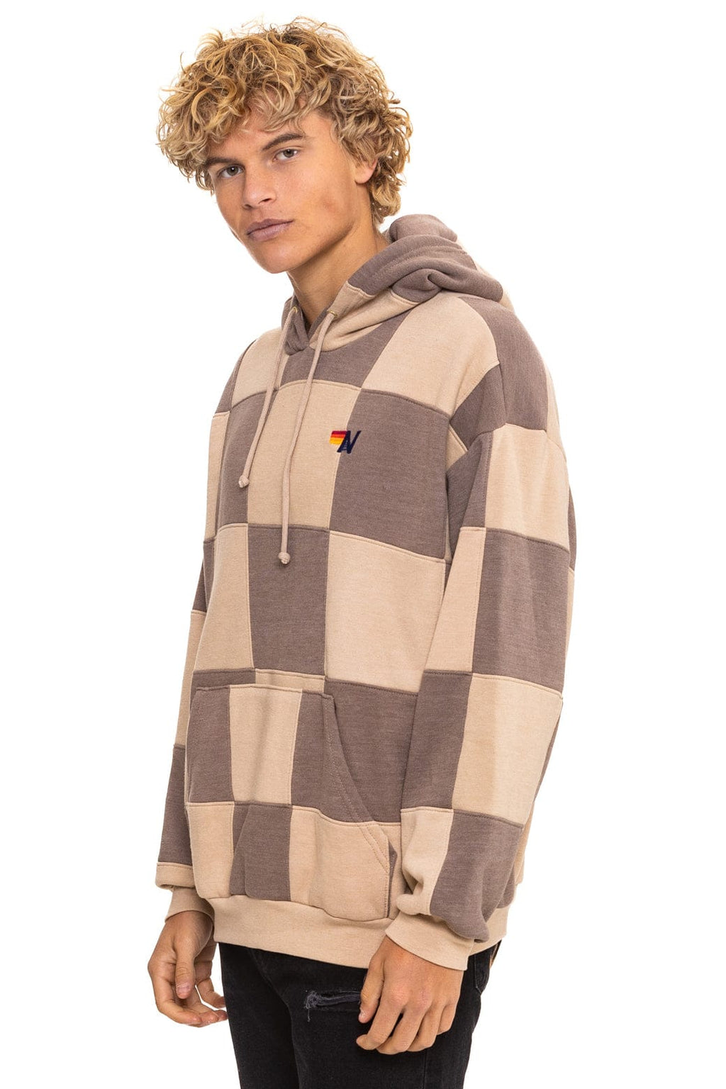 Retro CHECK QUILT RELAXED PULLOVER HOODIE - SAND TAUPE