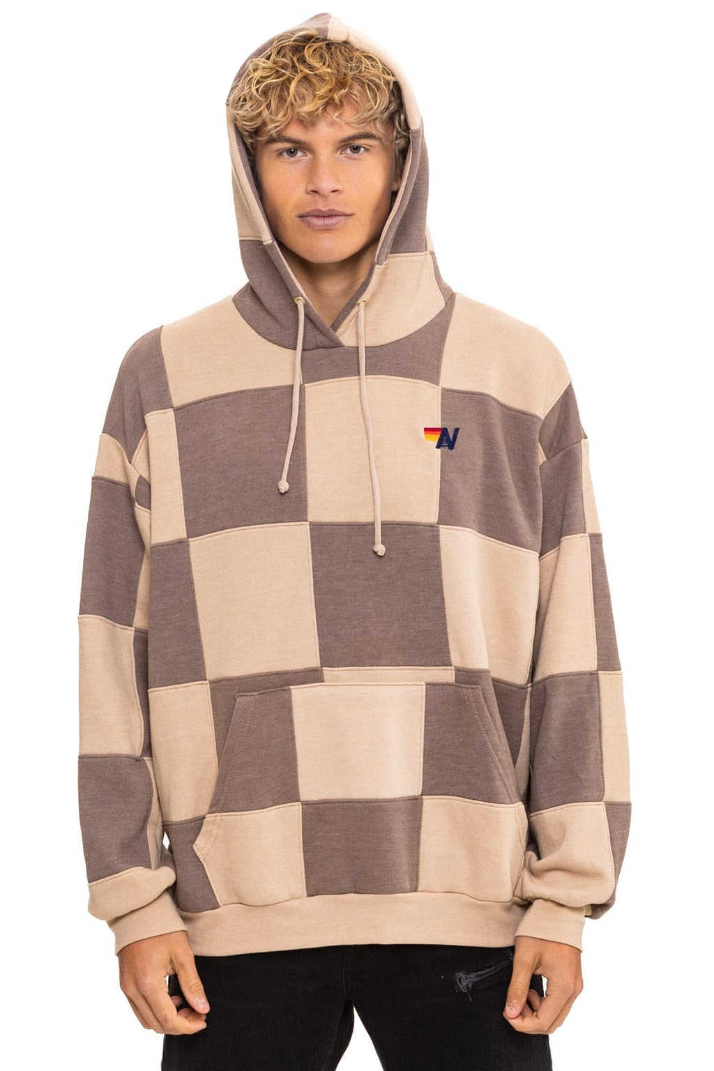 Retro CHECK QUILT RELAXED PULLOVER HOODIE - SAND TAUPE