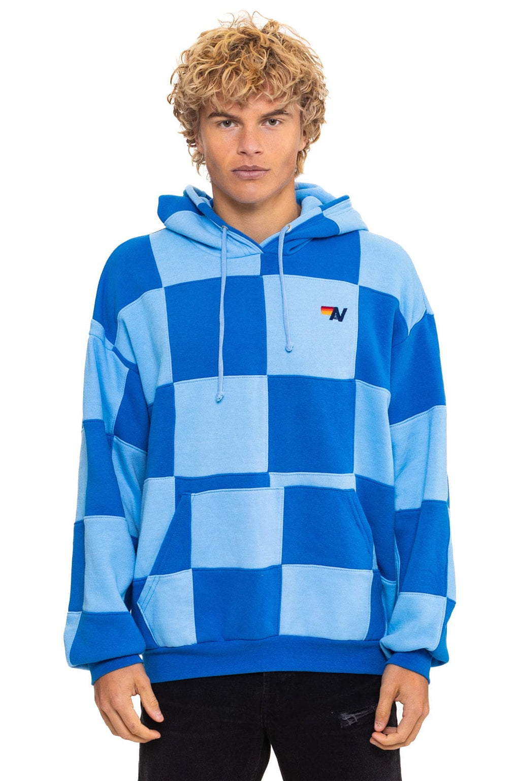 Retro CHECK QUILT RELAXED PULLOVER HOODIE - SKY ADVENTURE BLUE