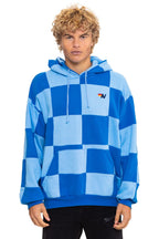 Retro CHECK QUILT RELAXED PULLOVER HOODIE - SKY ADVENTURE BLUE