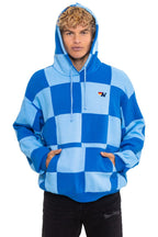 Retro CHECK QUILT RELAXED PULLOVER HOODIE - SKY ADVENTURE BLUE