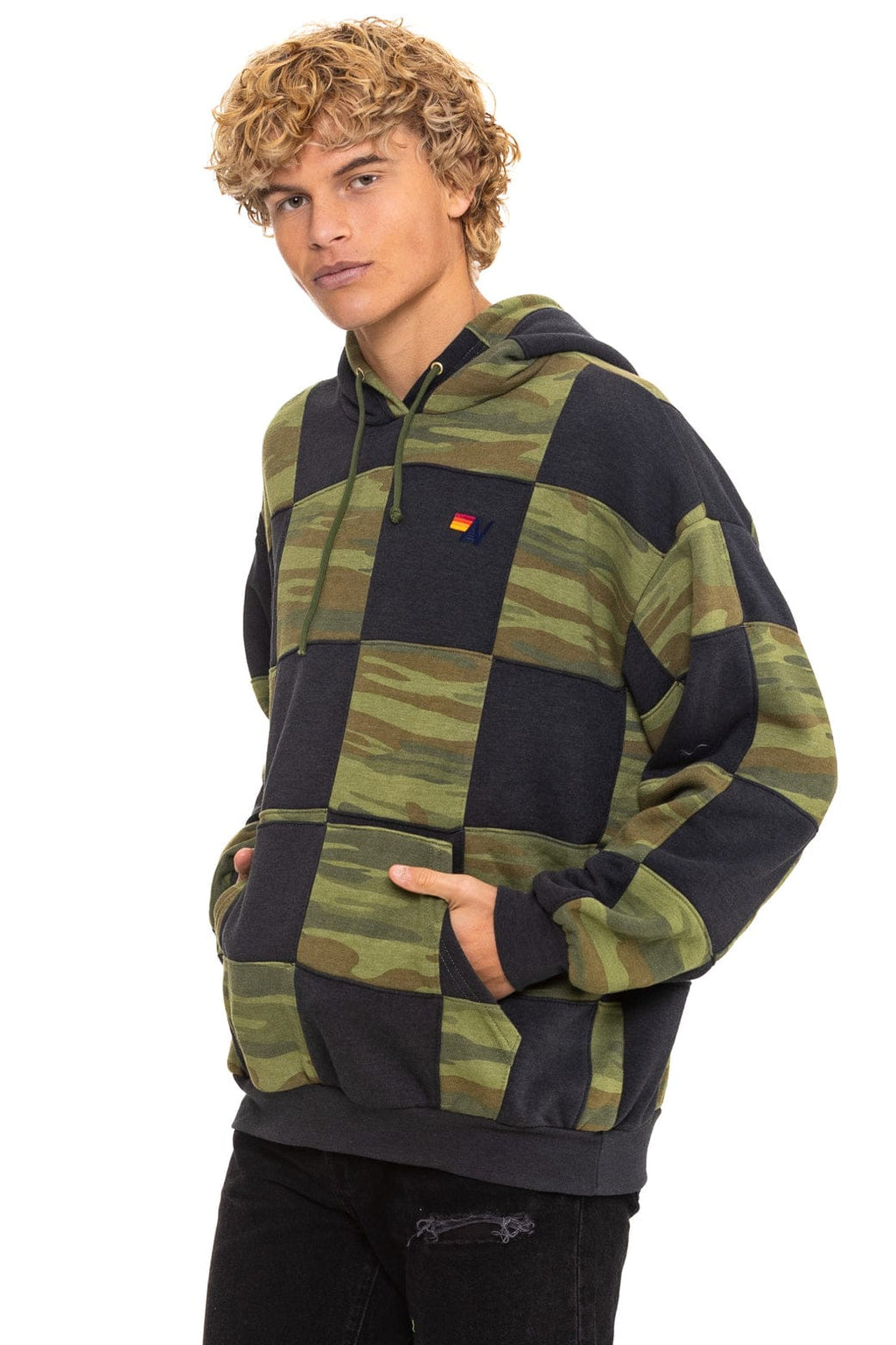 Retro CHECK QUILT RELAXED PULLOVER HOODIE - SMOKE CAMO