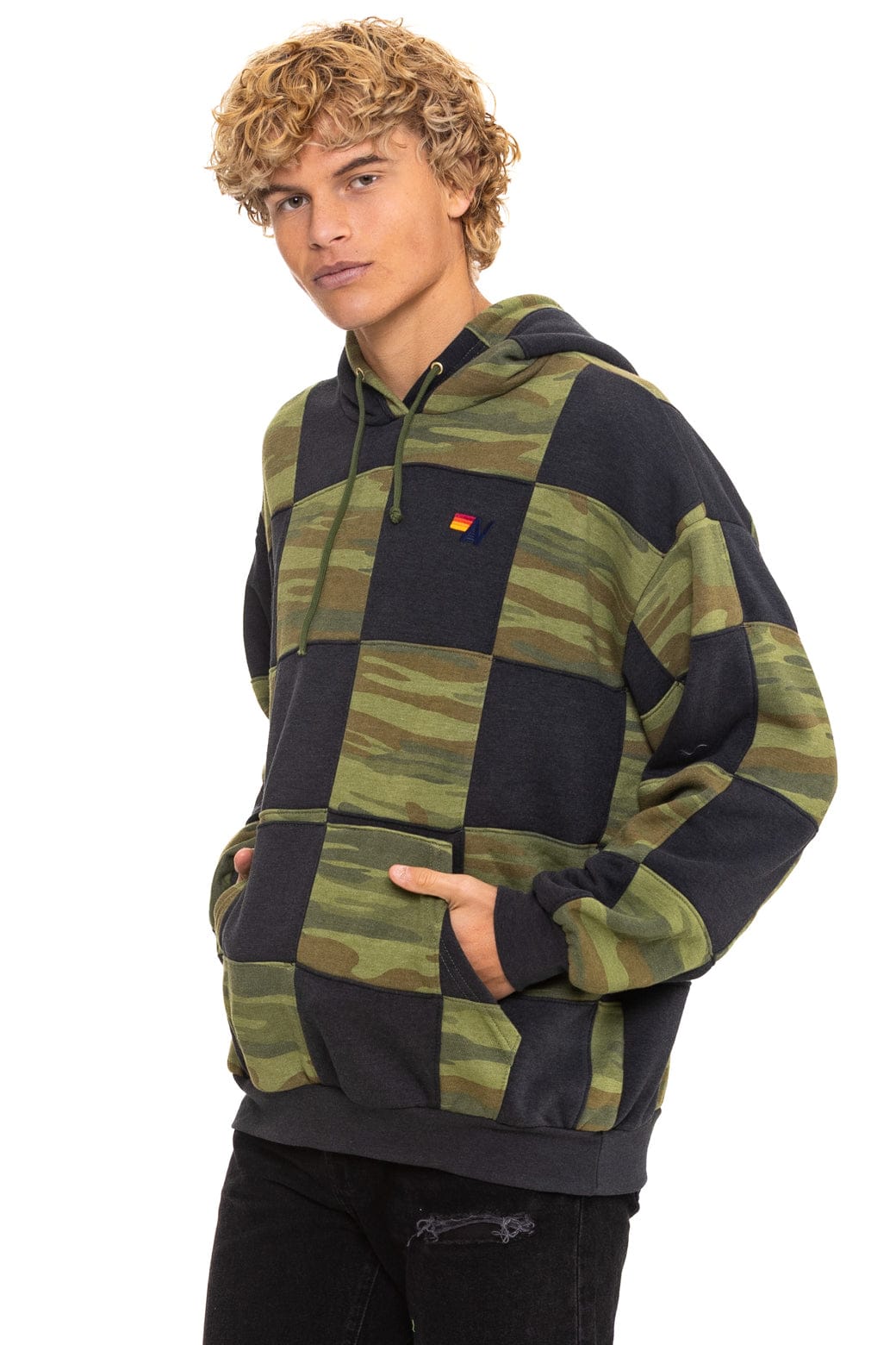 Retro CHECK QUILT RELAXED PULLOVER HOODIE - SMOKE CAMO