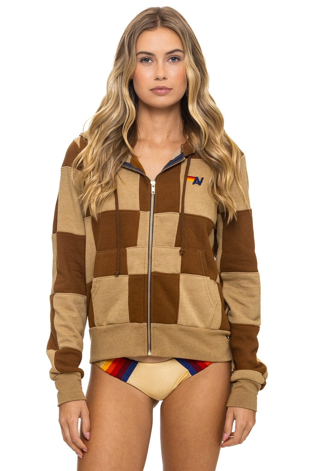 Retro CHECK QUILT ZIP HOODIE - TAN CINNAMON