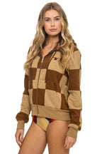 Retro CHECK QUILT ZIP HOODIE - TAN CINNAMON