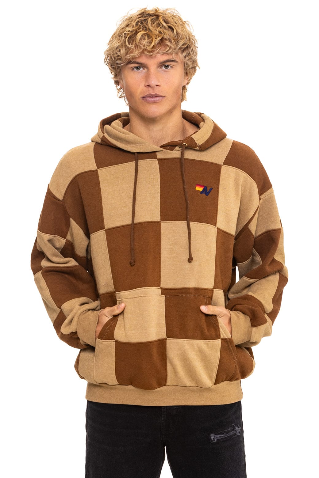 Retro CHECK QUILT RELAXED PULLOVER HOODIE - TAN CINNAMON