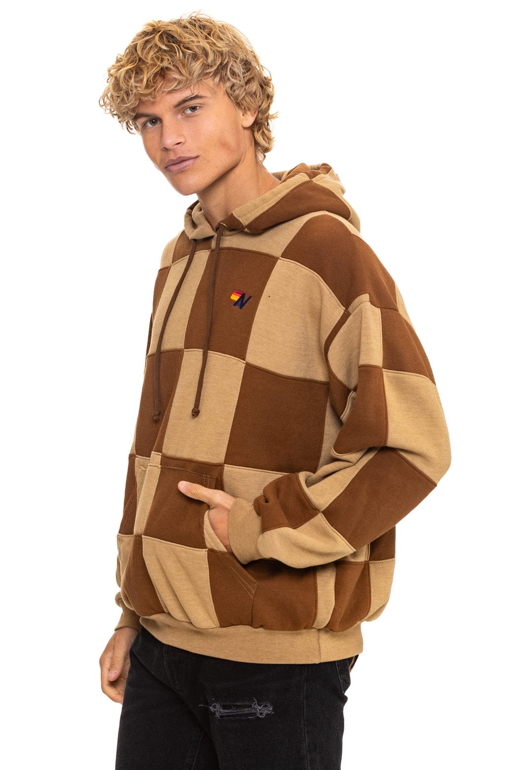 Retro CHECK QUILT RELAXED PULLOVER HOODIE - TAN CINNAMON