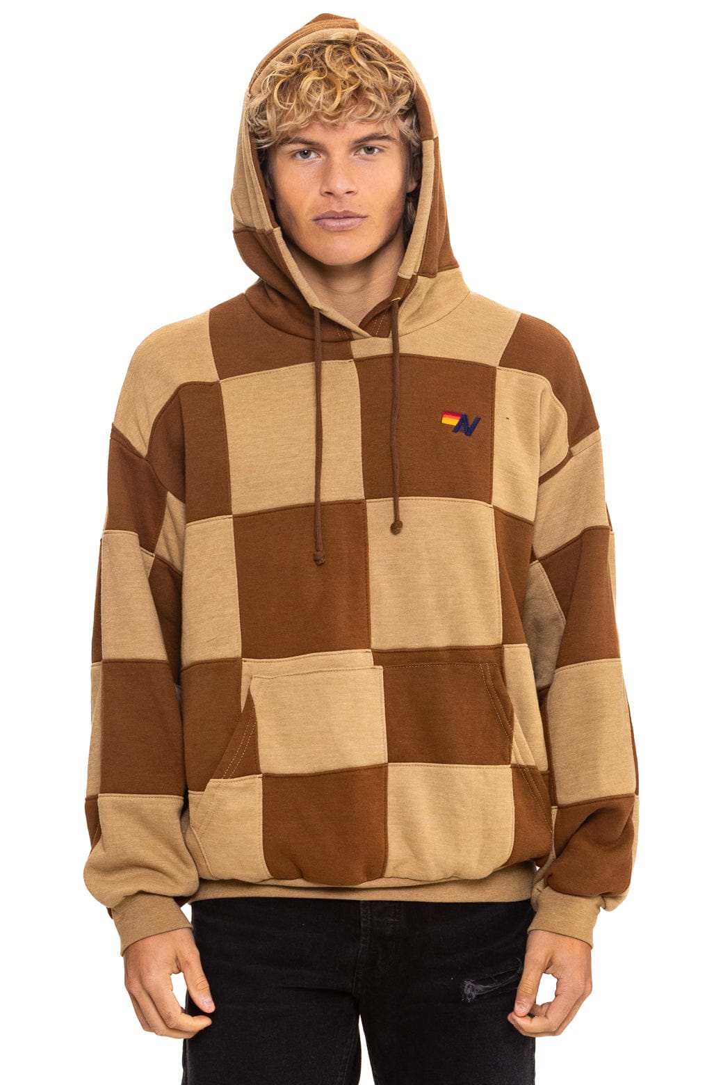 Retro CHECK QUILT RELAXED PULLOVER HOODIE - TAN CINNAMON
