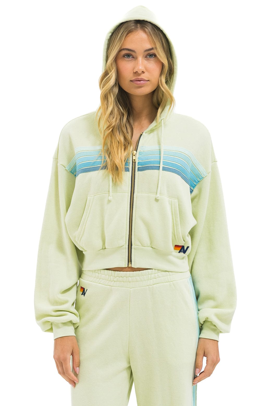 Retro 5 STRIPE CROPPED ZIP HOODIE RELAXED - LIME CREAM SEAFOAM