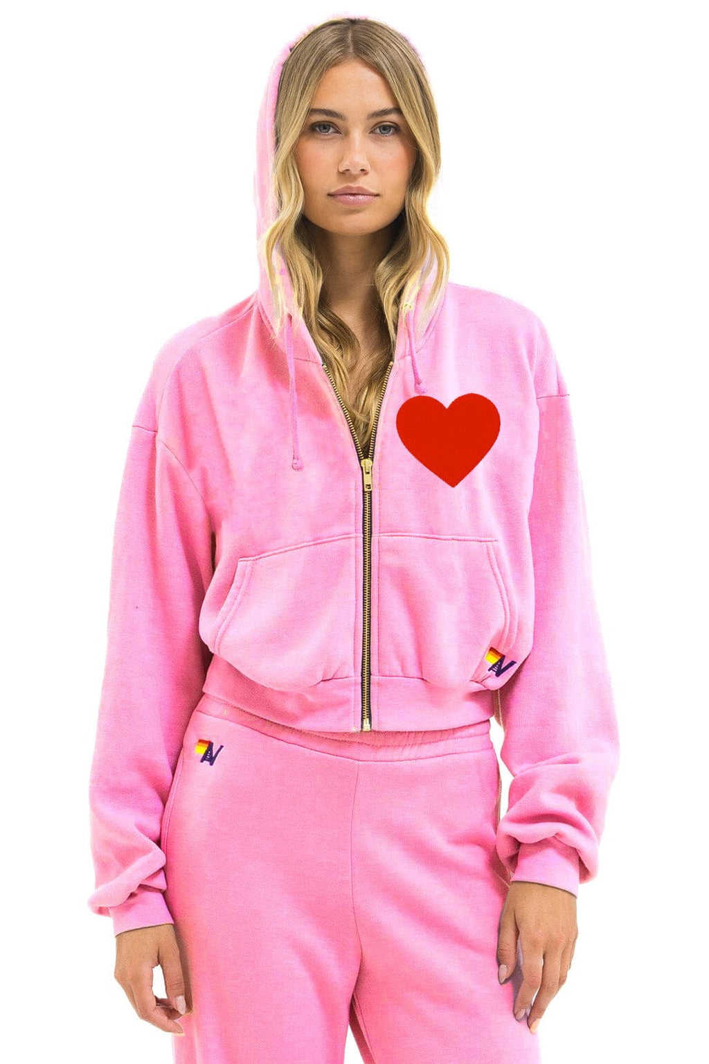 Retro HEART STITCH RELAXED CROP ZIP HOODIE - NEON PINK