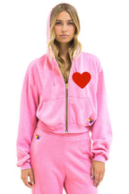 Retro HEART STITCH RELAXED CROP ZIP HOODIE - NEON PINK