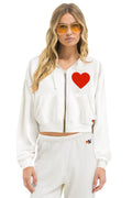 Retro HEART STITCH RELAXED CROP ZIP HOODIE - WHITE