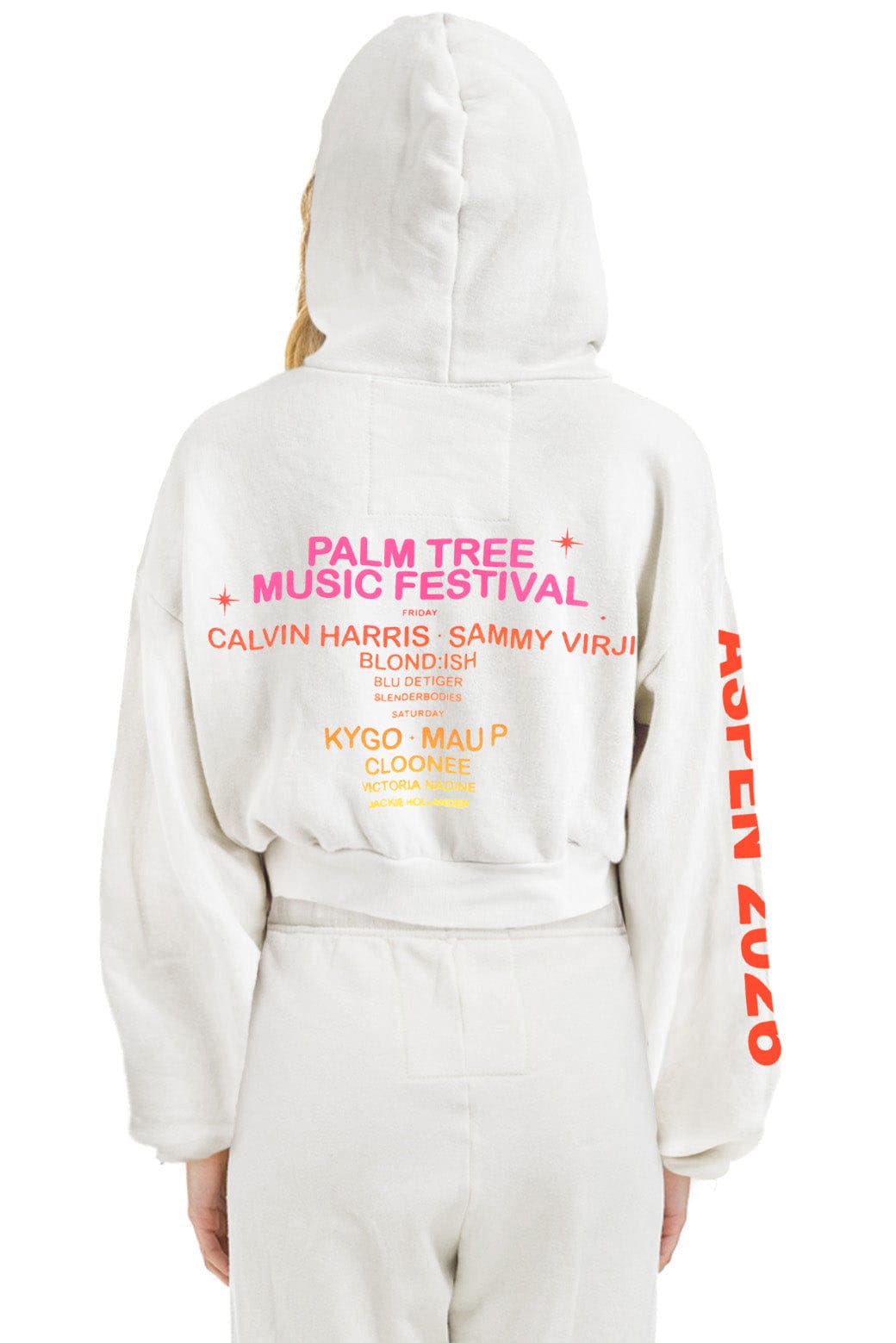 Retro PALM TREE FEST ASPEN 2026 CROPPED ZIP HOODIE RELAXED - WHITE